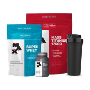 Kit Mass Titanium 17500 3kg + BCAA + Super Whey + Coqueteleira - Max Titanium Chocolate
