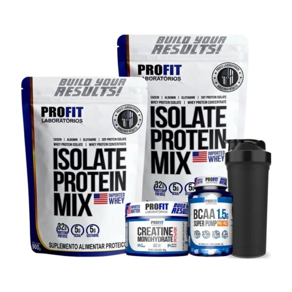 KIT 2x Whey Isolate Mix 900g + Bcaa + Creatina + Coqueteleira - PROFIT Baunilha