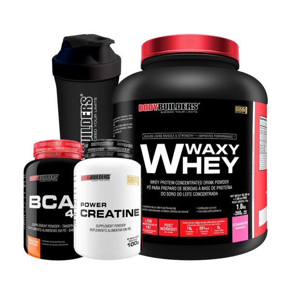 MEGA Kit Whey Protein 2kg + Bcaa + Creatina + Shaker - BODYBUILDERS Baunilha