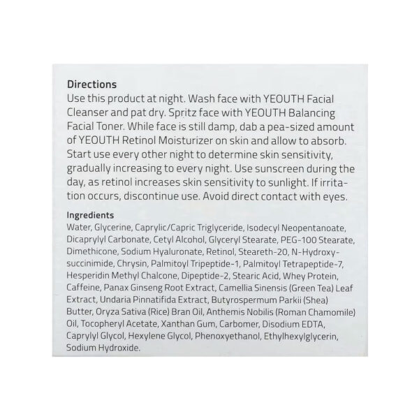 Hidratante de Retinol, Ácido Hialurônico, Ginseng, Chá Verde 60ml - YEOUTH