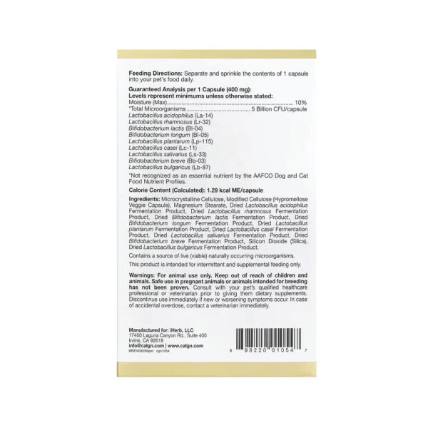 Probióticos LactoBif® para Animais de Estimação 5 Bilhões de UFCs 60 Cápsulas Vegetais - California Gold Nutrition