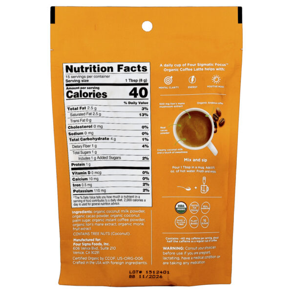 Focus Café Instantâneo Orgânico Latte com Cogumelo Juba-de-Leão Mocha 120 g - Four Sigmatic