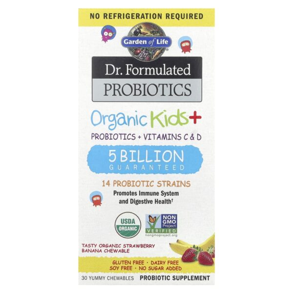 Garden of Life - Probiótico Infantil Orgânico em Mastigáveis Dr. Formulated Morango e Banana 30 Mastigáveis