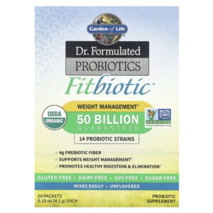 Garden of Life - Probiótico para Gerenciamento de Peso Dr. Formulated FitBiotic Sem Sabor 50 Bilhões 20 Sachês de 4.2 g