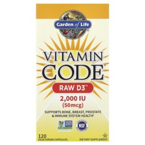 Garden of Life - Suplemento de Vitamina D3 2000 UI Vitamin Code RAW Vitamin D3 120 Cápsulas