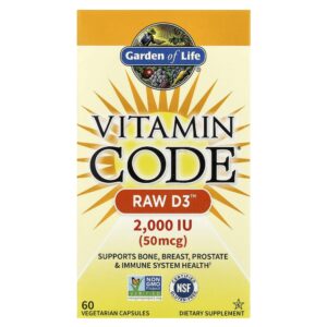 Garden of Life - Suplemento de Vitamina D3 2000 UI Vitamin Code RAW Vitamin D3 60 Cápsulas
