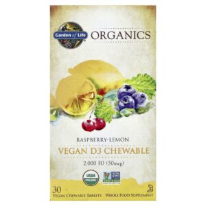 Garden of Life - Suplemento de Vitamina D3 Vegana em Mastigáveis mykind Organics Framboesa e Limão 30 Comprimidos