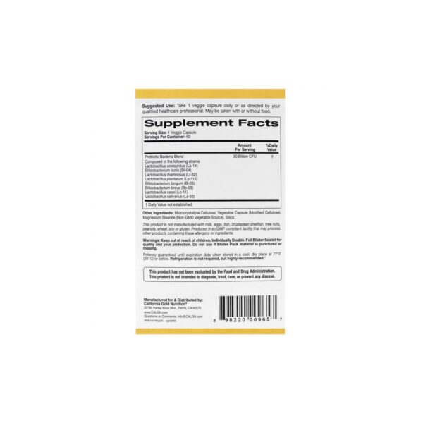 Probióticos LactoBif 30 Bilhões de UFCs 60 Cápsulas Vegetais - California Gold Nutrition
