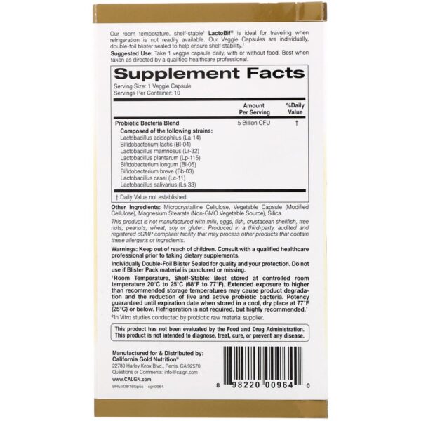 Probióticos LactoBif 5 Bilhões de UFCs 60 Cápsulas Vegetais - California Gold Nutrition