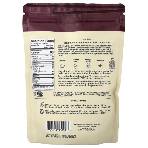 Latte de Ervas Instantâneo Noz de Baunilha Torra Média Sem Cafeína 224 g - Teeccino
