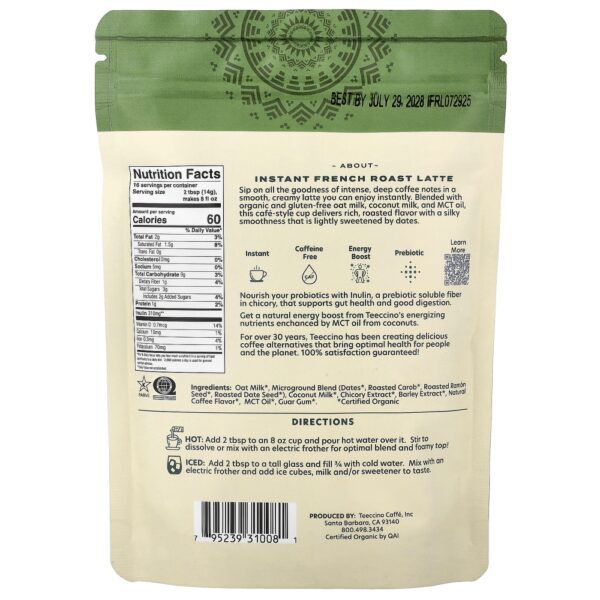 Latte de Ervas Instantâneo Torra Francesa Torra Escura Sem Cafeína 224 g - Teeccino