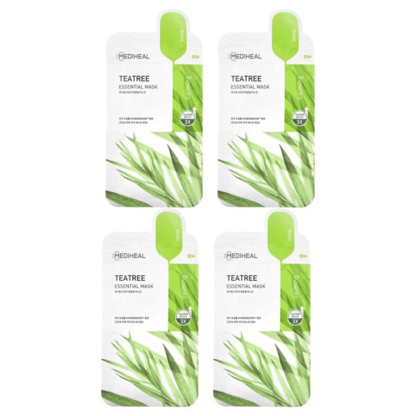 MEDIHEAL - Máscara Facial Calmante Tea Tree Essential Sheet Mask 4 Unidades de 24 ml