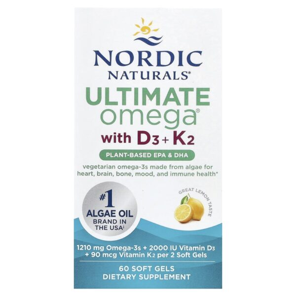 Nordic Naturals - Suplemento de Ômega-3 Vegetal Ultimate Omega Plant-Based D3 e K2 Limão 60 Softgels