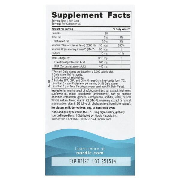 Nordic Naturals - Suplemento de Ômega-3 Vegetal Ultimate Omega Plant-Based D3 e K2 Limão 60 Softgels