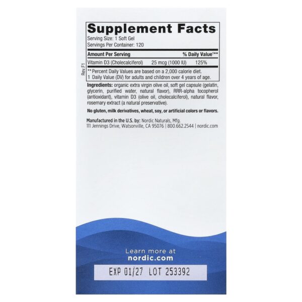 Nordic Naturals - Suplemento de Vitamina D3 1000 UI Sabor Laranja 120 Softgels