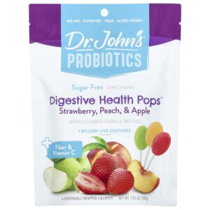 Probióticos Saúde Digestiva Pops + Fibra e Vitamina C Morango Pêssego e Maçã 14 Pirulitos Embalados Individualmente 109 g - Dr. John's Healthy Sweets