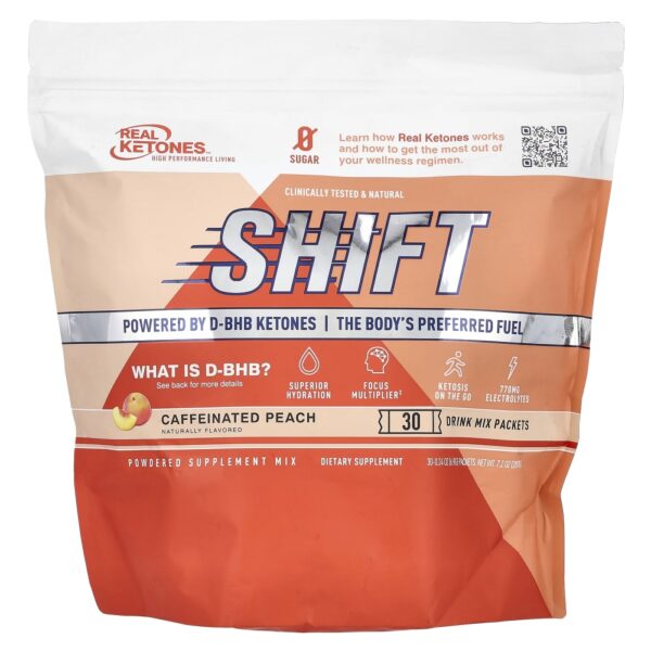 Shift Pêssego Cafeinado 30 Embalagens de Mistura para Bebidas 6,9 g Cada - Real Ketones