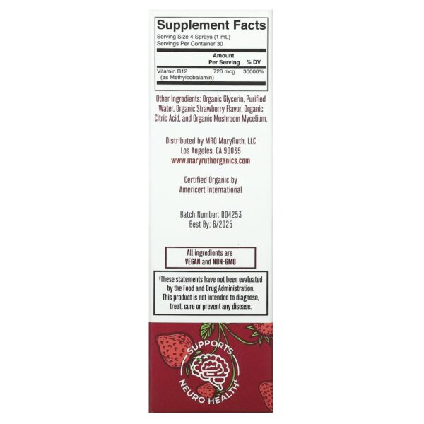 Spray Líquido de Metil Vitamina B12 Orgânico Morango 720 mcg 30 ml - MaryRuth's