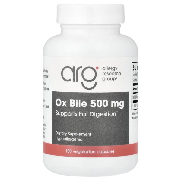 Suplemento de Bile de Boi Ox Bile 500 mg 100 Cápsulas Vegetarianas - Allergy Research Group