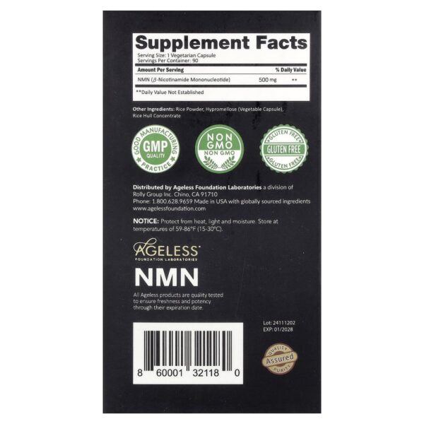 Suplemento NMN Nicotinamida Mononucleotídeo 500 mg 90 Cápsulas Vegetais - Ageless Foundation Laboratories