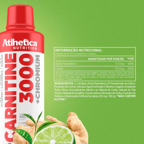 L-Carnitine 3000 + CHROMIUM Limão, Chá Verde & Gengibre 960ml - Atlhetica
