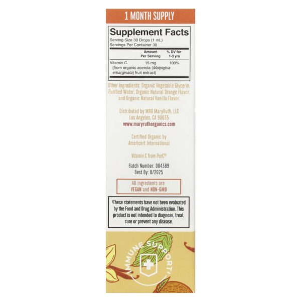 Vitamina C Orgânica em Gotas para Crianças Pequenas 1 a 3 Anos Laranja e Baunilha 30 ml - MaryRuth's