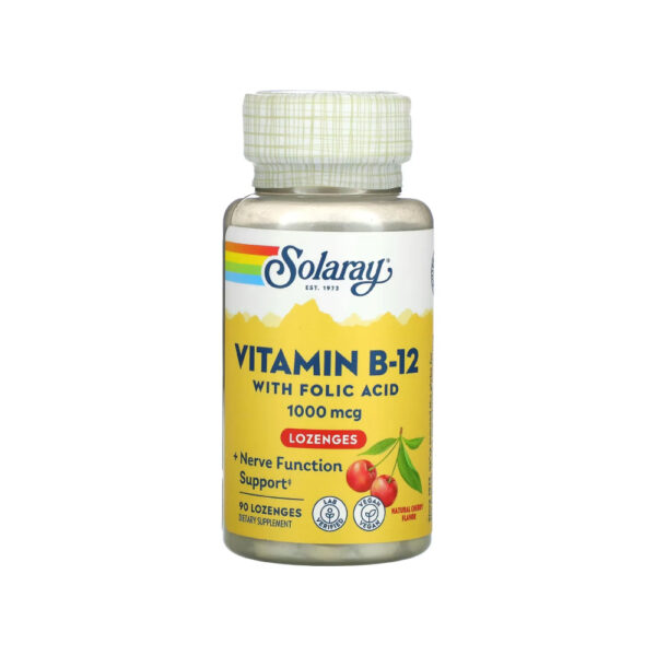 Vitamina B12 1.000mcg com Ácido Fólico 90 Pastilhas Sabor Cereja - Solaray
