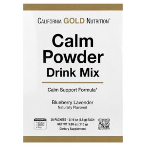 California Gold Nutrition - Mistura para Bebida em Pó Calmante com Potássio e Mistura AminoCalm L-Triptofano e L-Teanina Mirtilo e Lavanda 20 Embalagens 6 g Cada