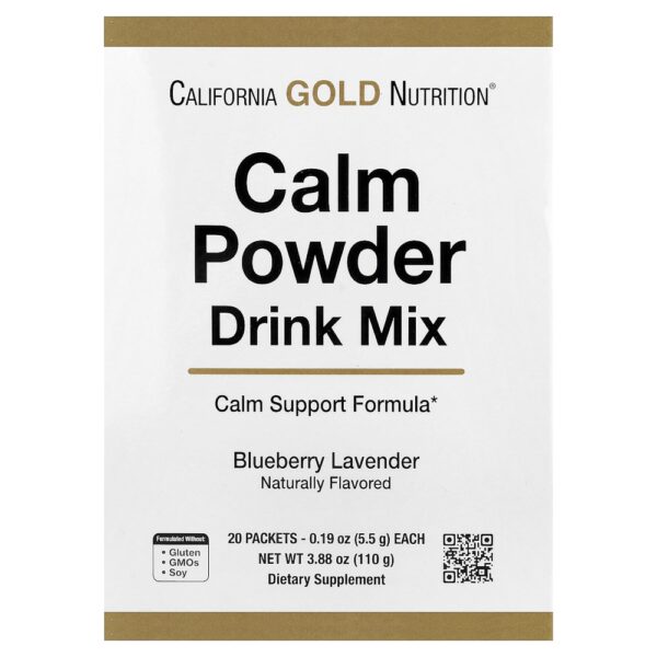 California Gold Nutrition - Mistura para Bebida em Pó Calmante com Potássio e Mistura AminoCalm L-Triptofano e L-Teanina Mirtilo e Lavanda 20 Embalagens 6 g Cada