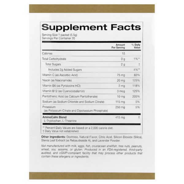 California Gold Nutrition - Mistura para Bebida em Pó Calmante com Potássio e Mistura AminoCalm L-Triptofano e L-Teanina Mirtilo e Lavanda 20 Embalagens 6 g Cada