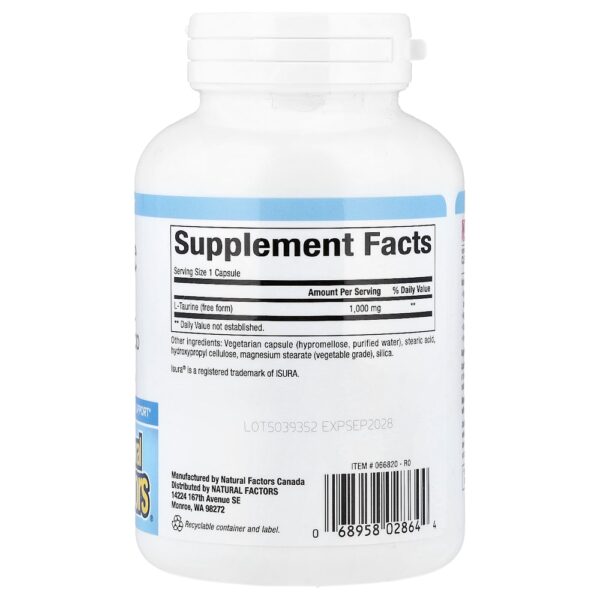 13-132.jpg Natural Factors - L-Taurina 1,000 mg 100 Cápsulas Vegetarianas