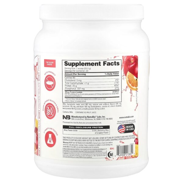 Nutrabio Labs - Clear Protein Powder Isolado de Proteína Whey Ponche de Frutas 511 g