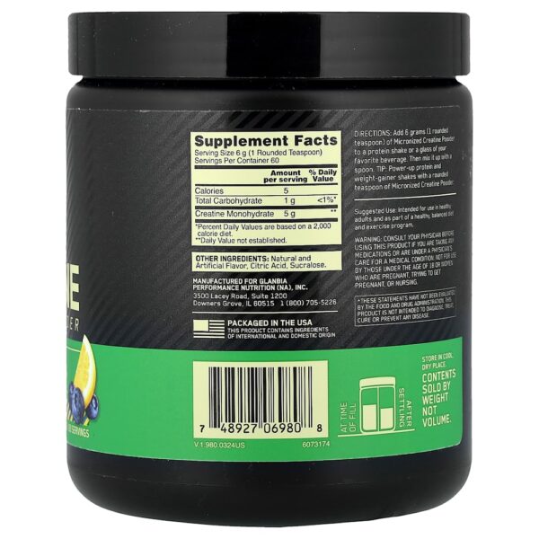 Optimum Nutrition - Creatina Micronizada em Pó Limonada de Mirtilo 360 g