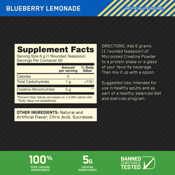 Optimum Nutrition - Creatina Micronizada em Pó Limonada de Mirtilo 360 g