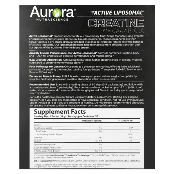Aurora Nutrascience - Active Liposomal Creatina Mais GAA e R-ALA 30 Embalagens 18 g Cada