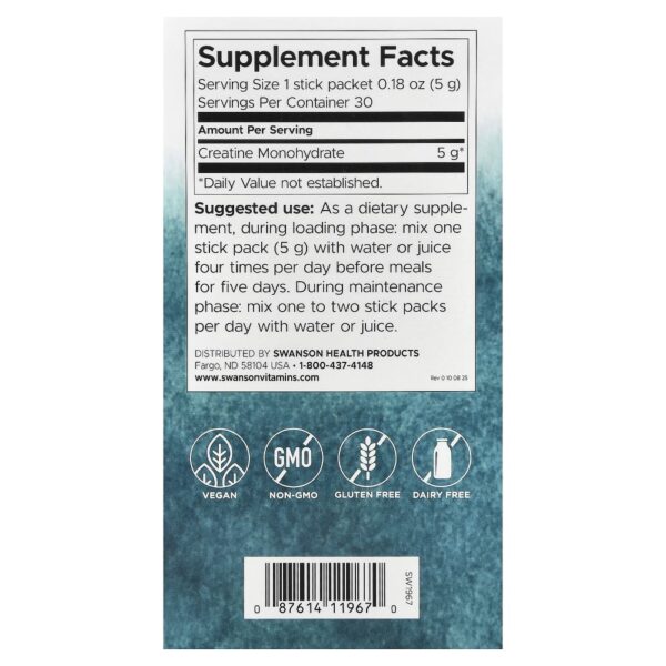 Swanson Vitamins - Creatina Mono-hidratada Sem Sabor 30 Embalagens Stick-pack 5 g Cada