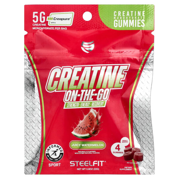 SteelFit USA - Creatine On-The-Go Gomas de Creatina Mono-hidratada Melancia Suculenta 12 Embalagens 22 g Cada