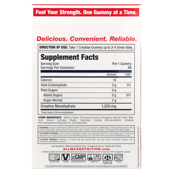 ALLMAX - Gomas de Creatina Ponche de Frutas Tropicais 1.250 mg 6 Sacos 8 Gomas Cada