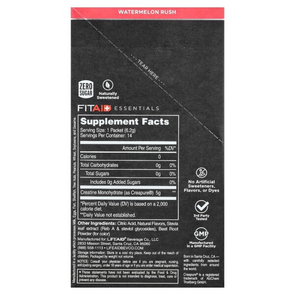 FITAID - Essentials Creatina Mono-Hidratada Rush de Melancia 14 Embalagens 6 g Cada