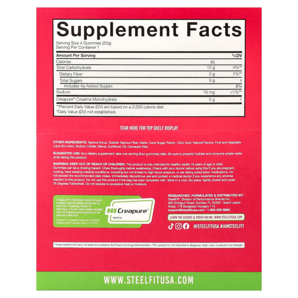 SteelFit USA - Creatine On-The-Go Gomas de Creatina Mono-hidratada Melancia Suculenta 12 Embalagens 22 g Cada