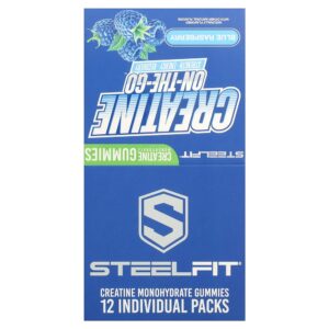 SteelFit USA - Creatine On-The-Go Gomas de Creatina Mono-hidratada Sabor Framboesa Azul 12 Embalagens 22 g Cada