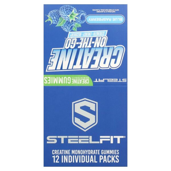 SteelFit USA - Creatine On-The-Go Gomas de Creatina Mono-hidratada Sabor Framboesa Azul 12 Embalagens 22 g Cada