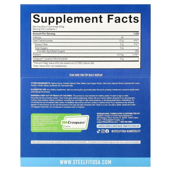 SteelFit USA - Creatine On-The-Go Gomas de Creatina Mono-hidratada Sabor Framboesa Azul 12 Embalagens 22 g Cada