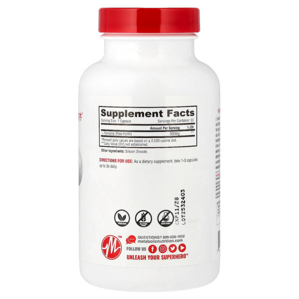 Metabolic Nutrition - L-Tirosina 90 mg 500 Cápsulas Vegetarianas (500 mg por Cápsula)