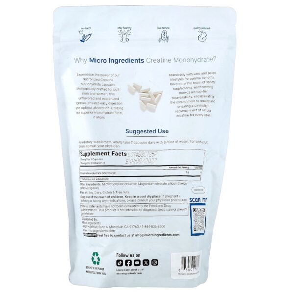 Micro Ingredients - Creatina Mono-hidratada 500 Cápsulas (714,28 mg por Cápsula)