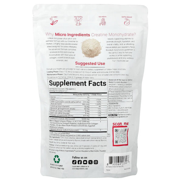 Micro Ingredients - Creatina Mono-hidratada para Mulheres Limão e Framboesa 500 g