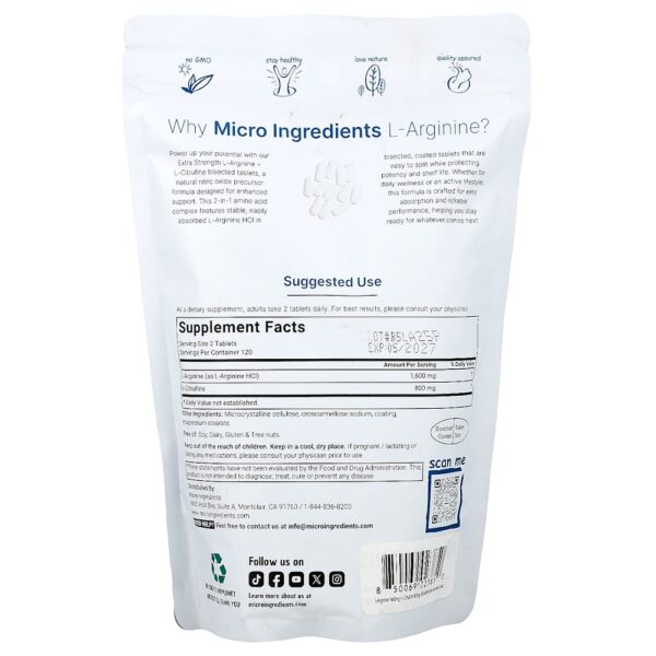 Micro Ingredients - L-Arginina + L-Citrulina 240 Comprimidos Bipartidos
