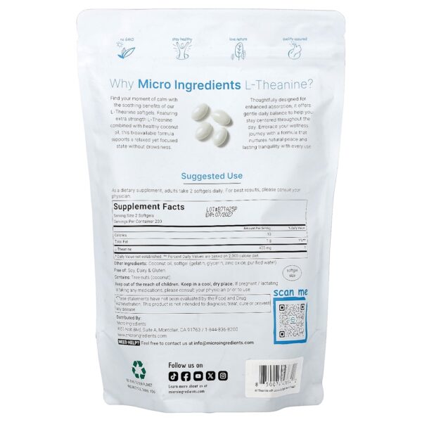 Micro Ingredients - L-Theanine 400 Cápsulas Softgel (200 mg por Cápsula Softgel)