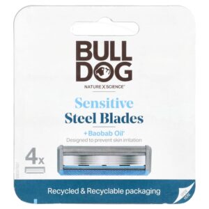 Bulldog Skincare For Men - Lâminas de Barbear de Aço Sensíveis + Óleo de Baobá 4 Cartuchos