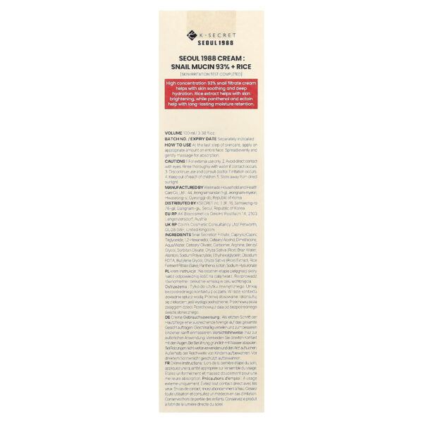 K-Secret - Creme Seoul 1988 Mucina de Caracol 93% + Arroz 100 ml